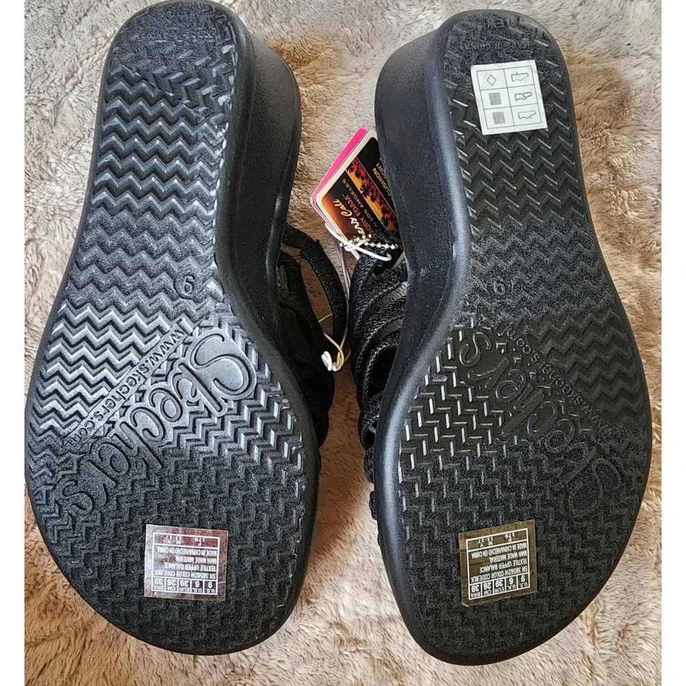Skechers Cali Rumblers Hot Shot Black Wedge Sandals Rhinestone Womens 9 Wide